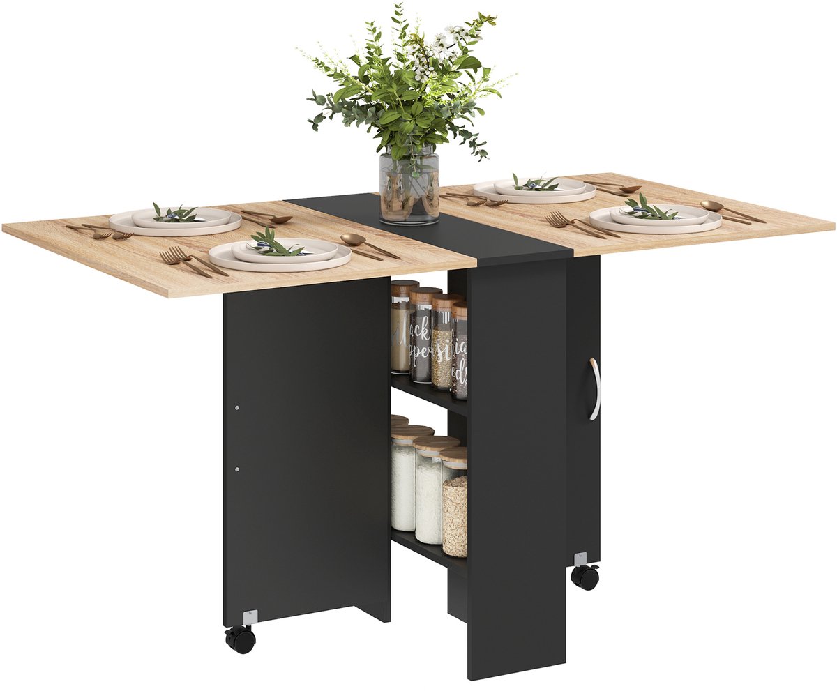 Opvouwbare keukentafel op wieltjes – demonteerbaar – met 2 ingebouwde legplanken 75 x 140 x 74 cm (lengte x breedte x hoogte) – eikenkleurig en zwart