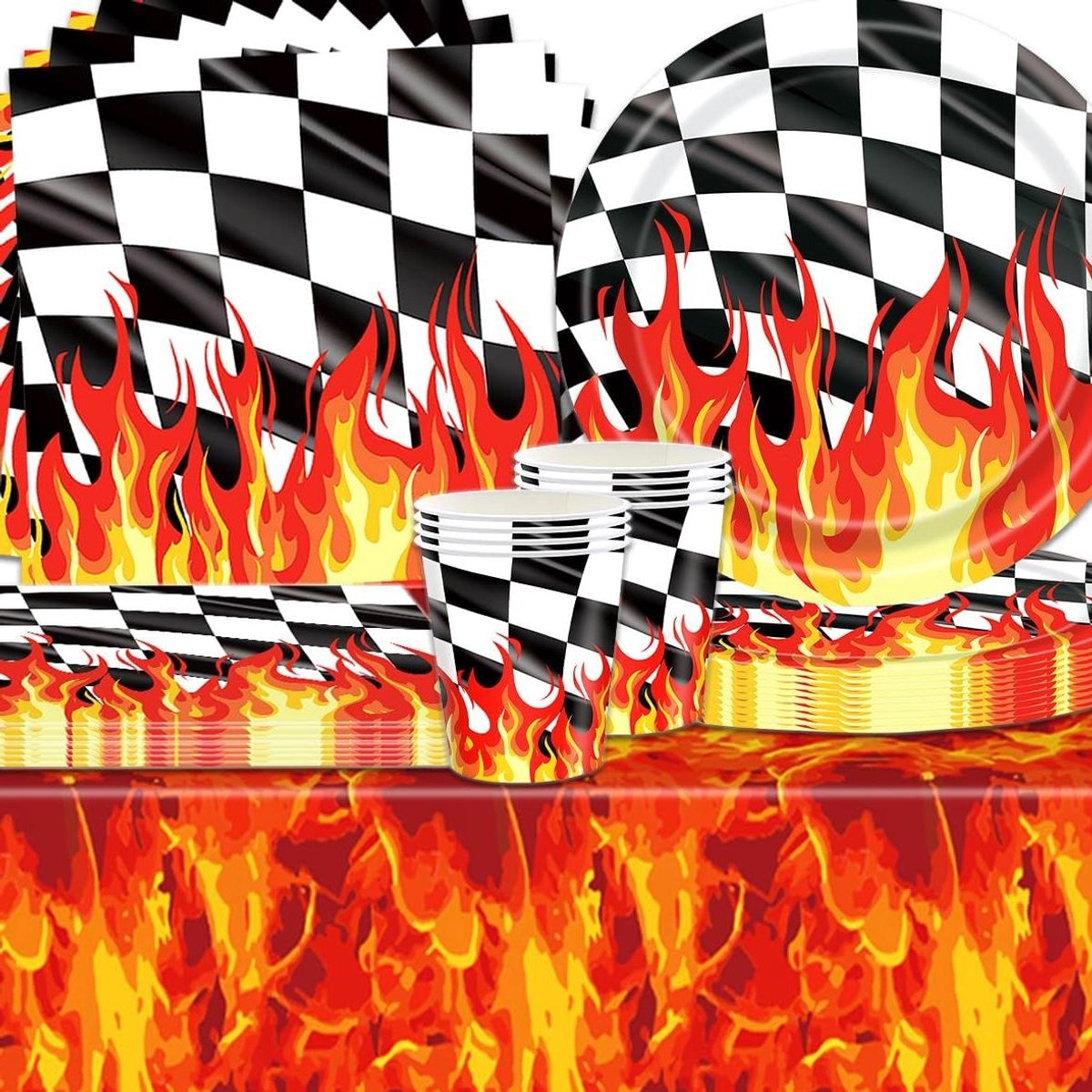 Raceauto Feestservies - Motorcross Bordjes - Verjaardag Vieren - Vlammen en Ruitpatroon - 61 Delen - Zwart Wit