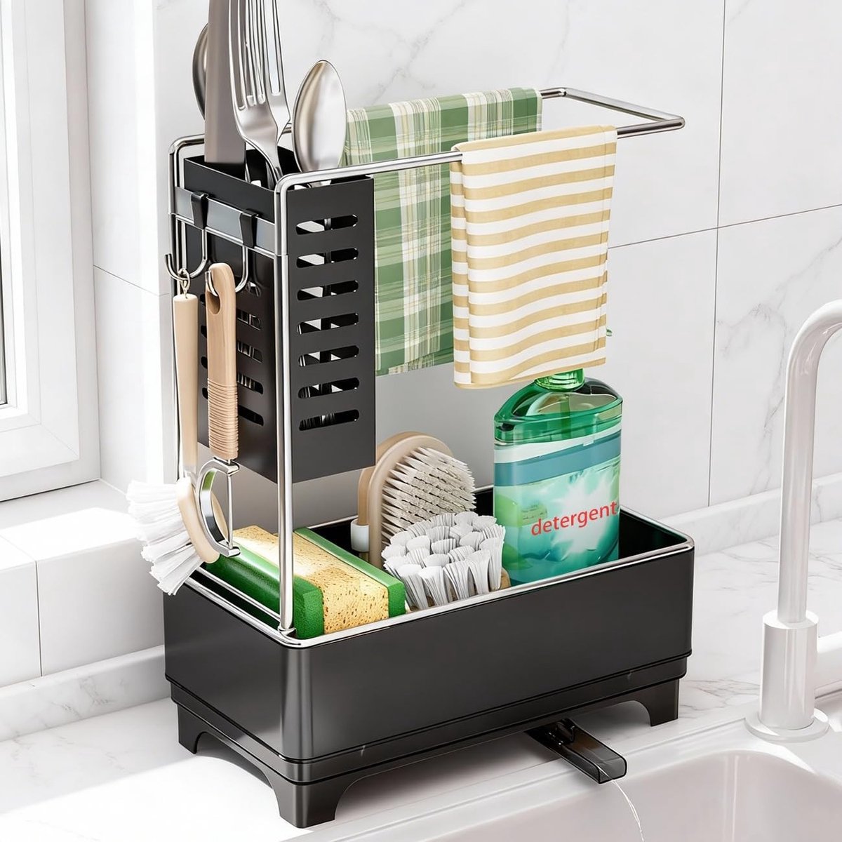Gootsteenkast organizer - Zwart - 22,5 x 12 x 28,5 cm - Kunststof en Metaal - Voor Keuken en Wastafel