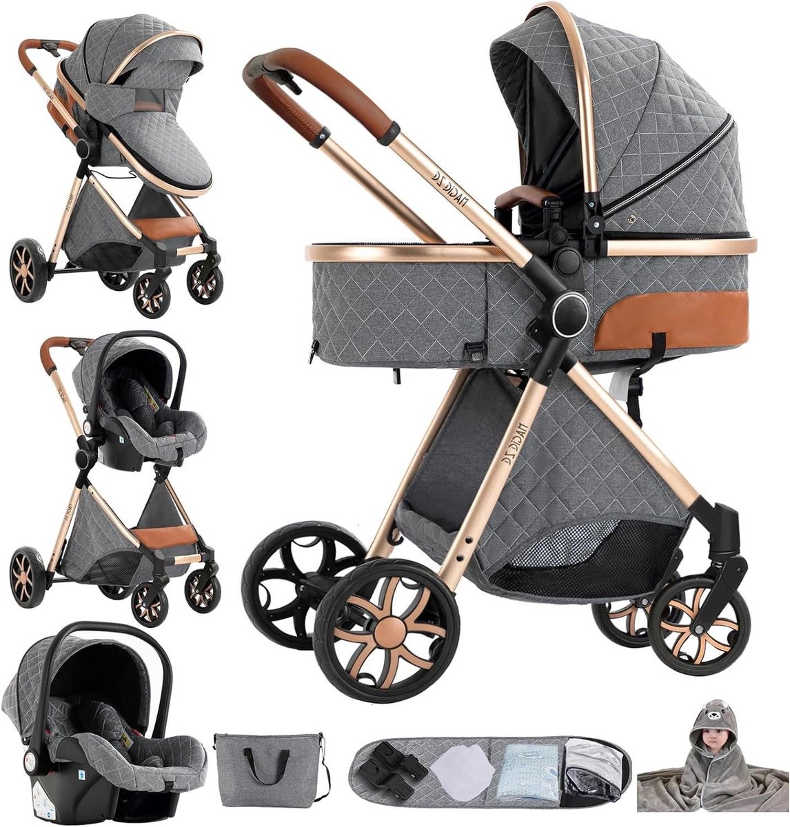 Trio kinderwagen - 3-in-1 kinderwagen - Baby vervoeren - Omkeerbare duwstang - 82 x 61 x 105 cm - Grijs