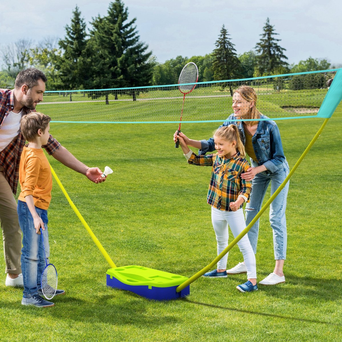 2-in-1 badmintonset met volleybalnet, verstelbaar, draagtas, blauw, kunststof
