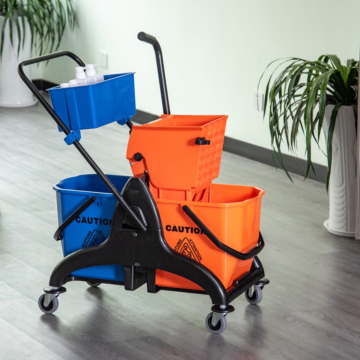 COVREO Reinigingswagen 78x45x95 cm oranje kunststof, 2 emmers en pers