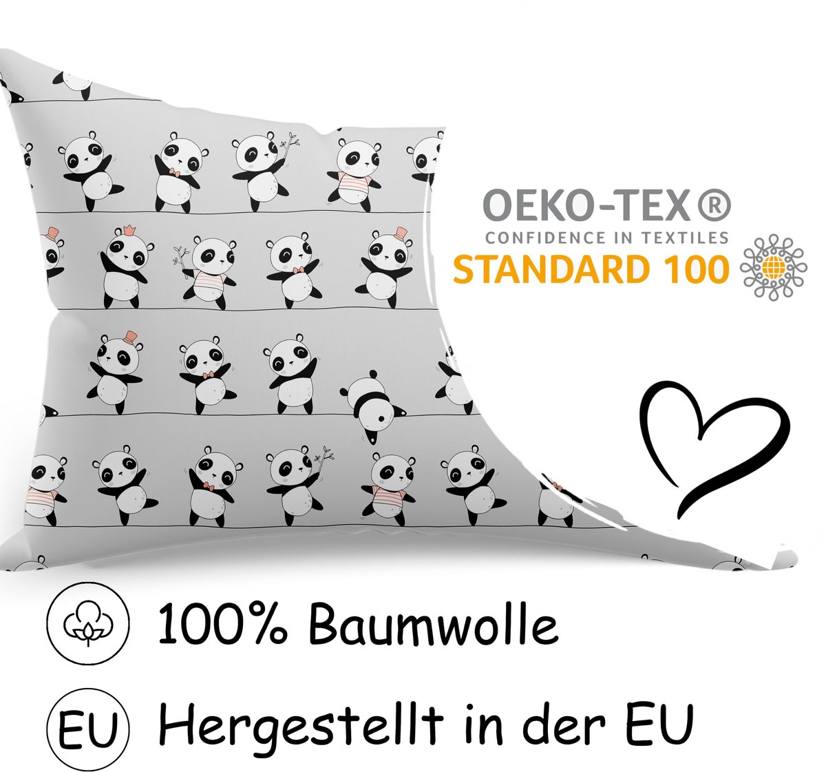 Kussenhoes 30 x 30 cm voor kinderen, grijze panda, 100% katoen
