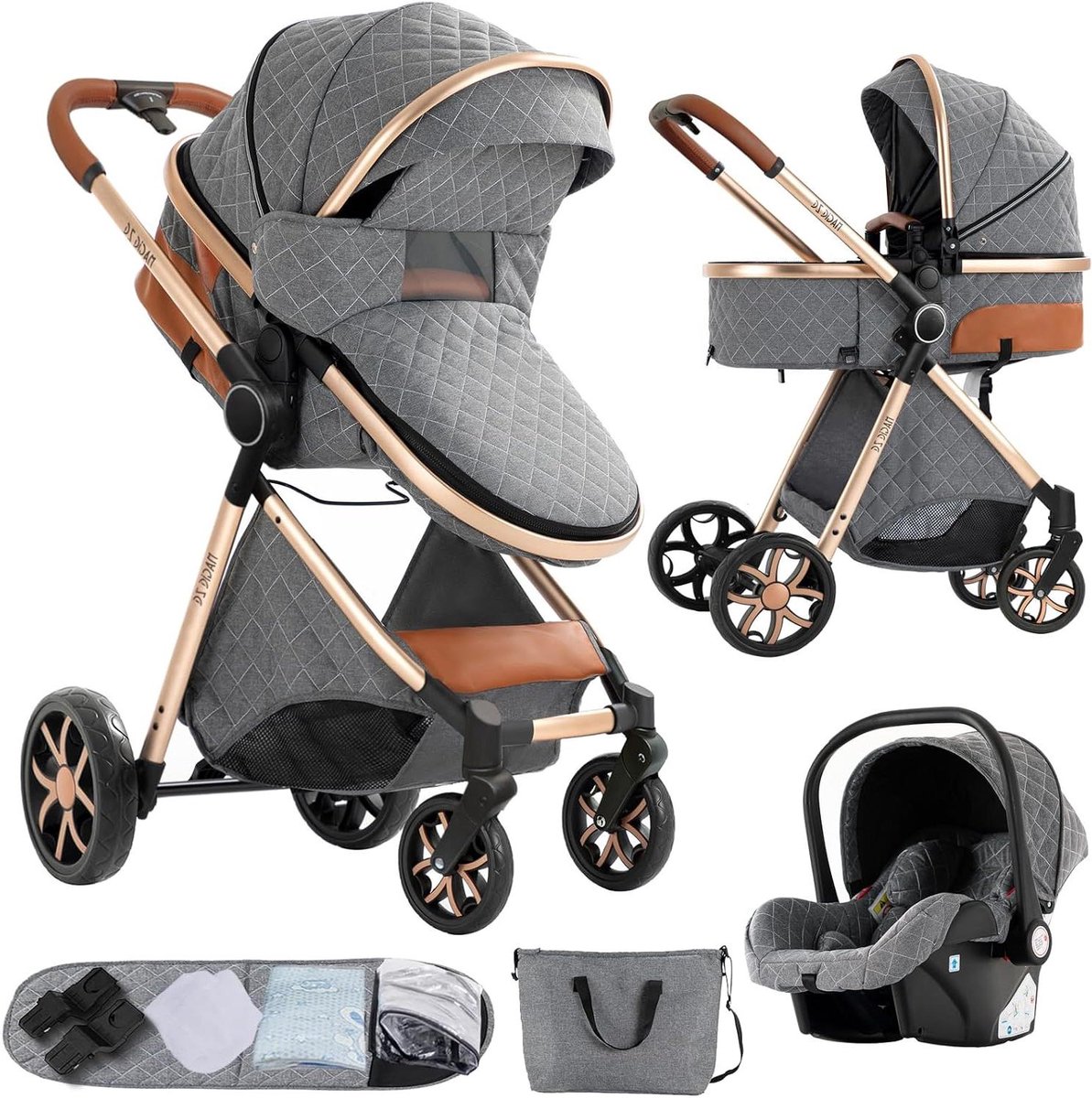 3-in-1 Kinderwagen - Babywagen Trio - Veilig Vervoer - Dubbele Duwmodus - 83 x 62 x 106 cm - Grijs