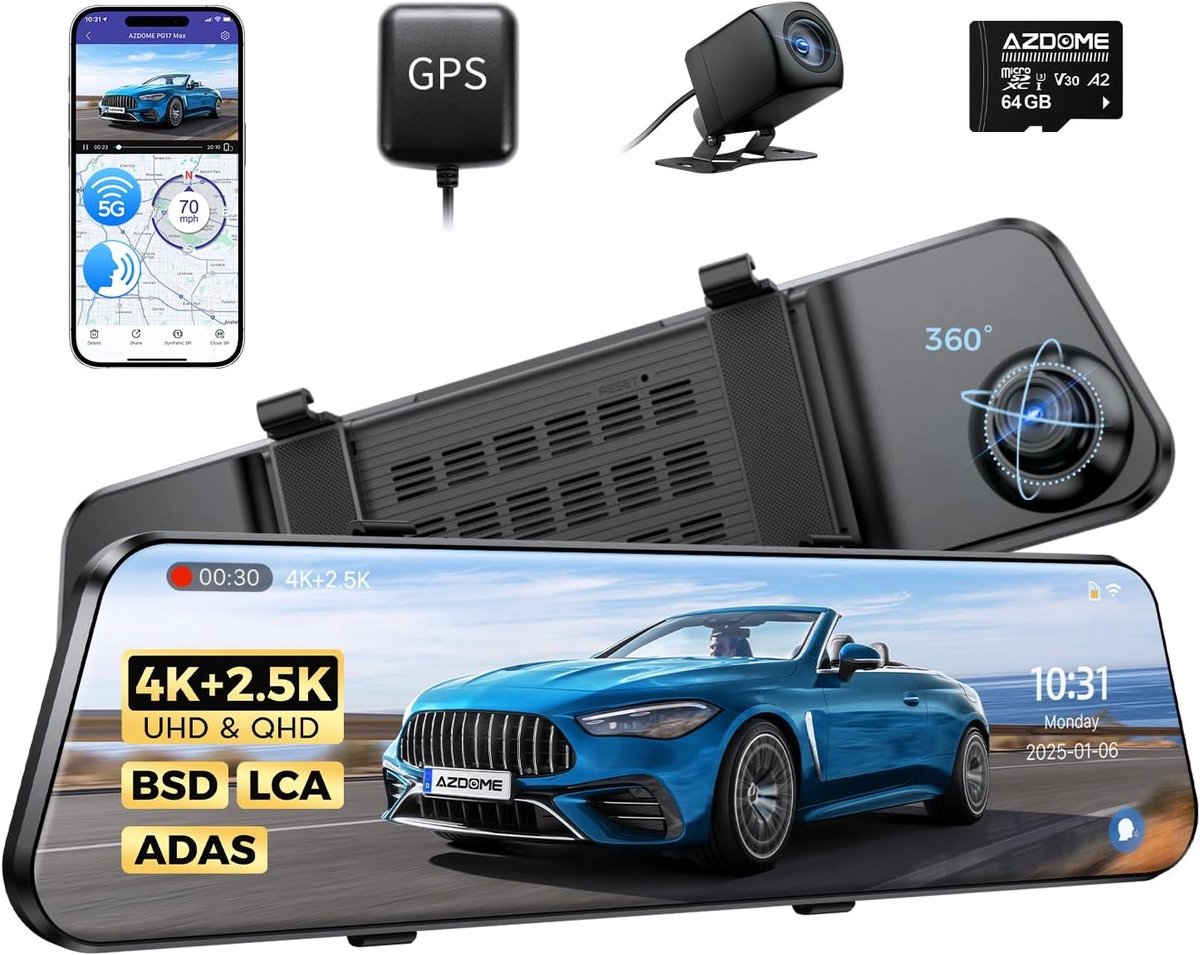 Dashcam voor auto - Zwart - 12 inch - Spiegel met 4K + 2.5K camera’s en GPS - Voor optimale beveiliging en nachtzicht
