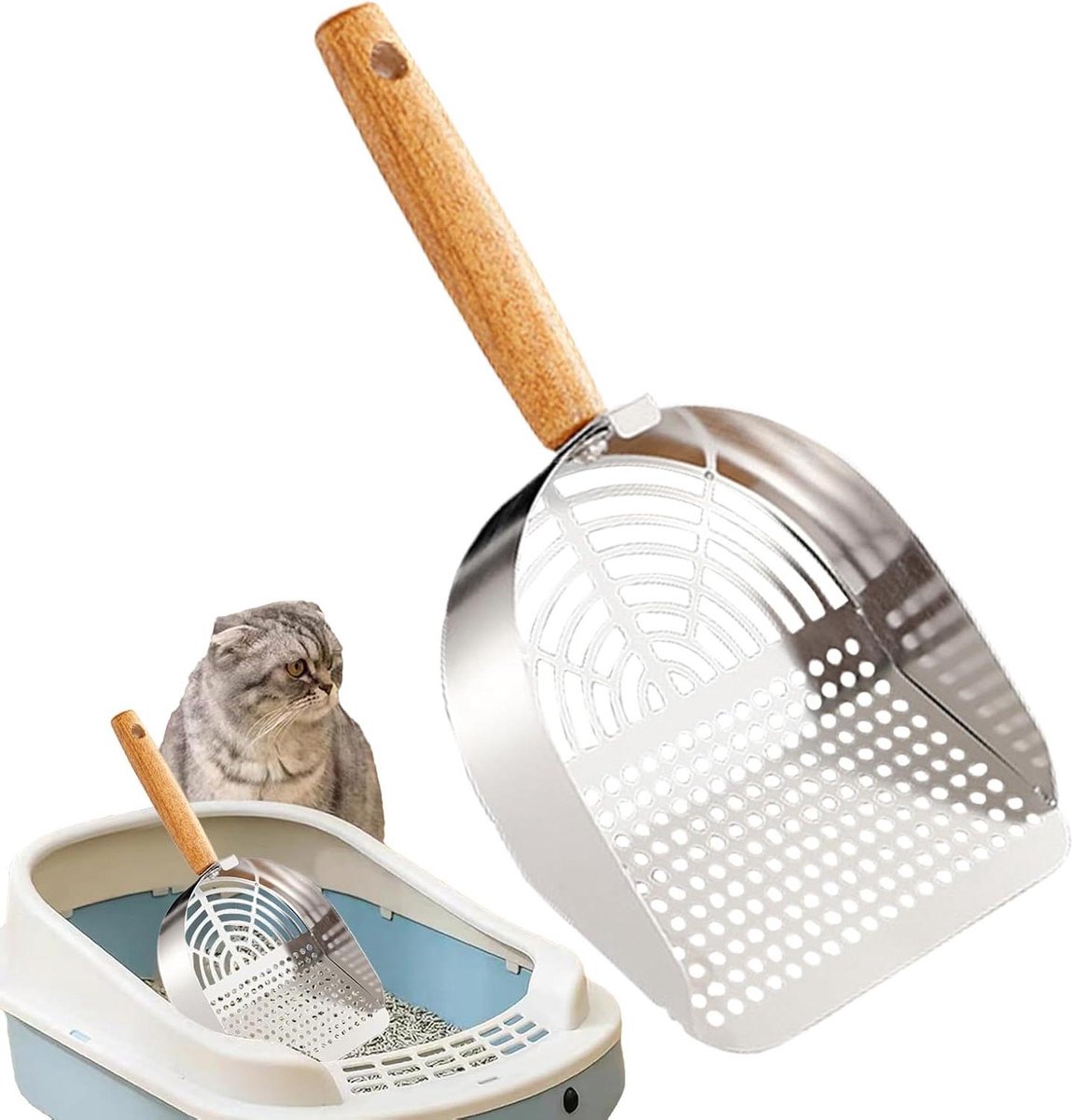 Kattenbak Schep - Zeefgereedschap Huisdier - Hygiënisch Werken - Ergonomische Lange Steel - 16.3 x 14.3 cm - Zilver