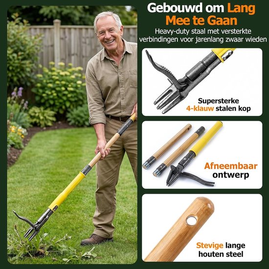 Onkruidsteker met Lange Steel - 4 RVS Klauwen - Uitwerpsysteem - 109 cm - Wieden Zonder Bukken — afbeelding 3