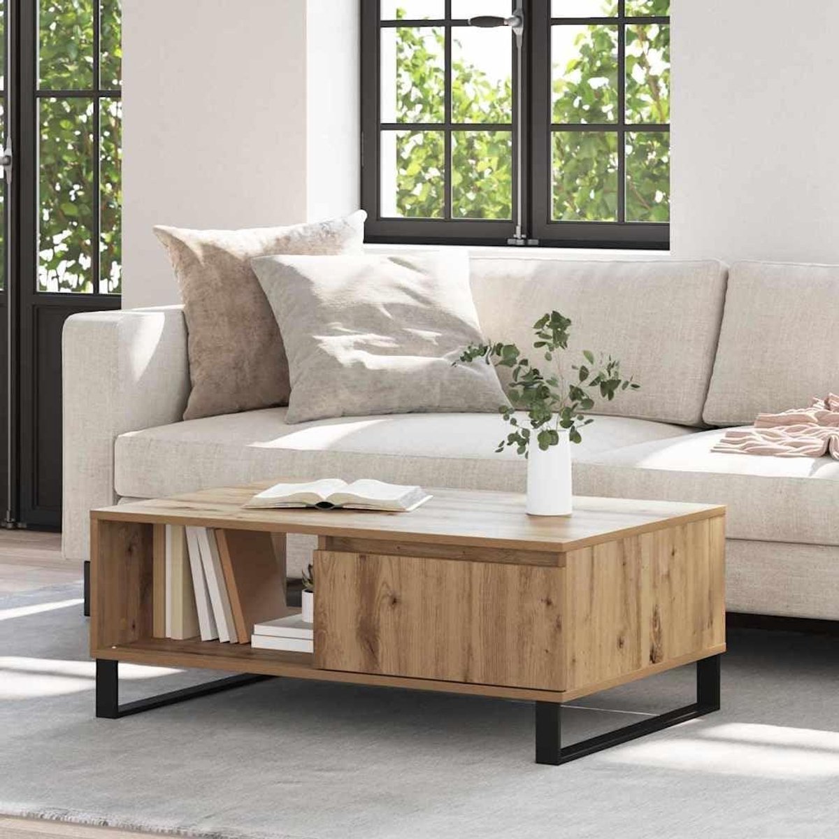 Salontafel met Legplanken - Woonkamertafel Bijzettafel - Opbergen Woonkamer - Stabiel IJzeren Frame - 90 x 60 x 35 cm