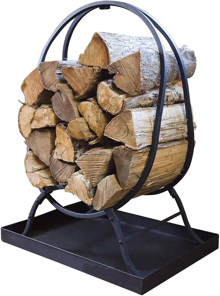 Houtrek Rond - Houtstapelaar Buiten - Opslag Brandhout - Gebogen Ringontwerp - 32 inch - Zwart