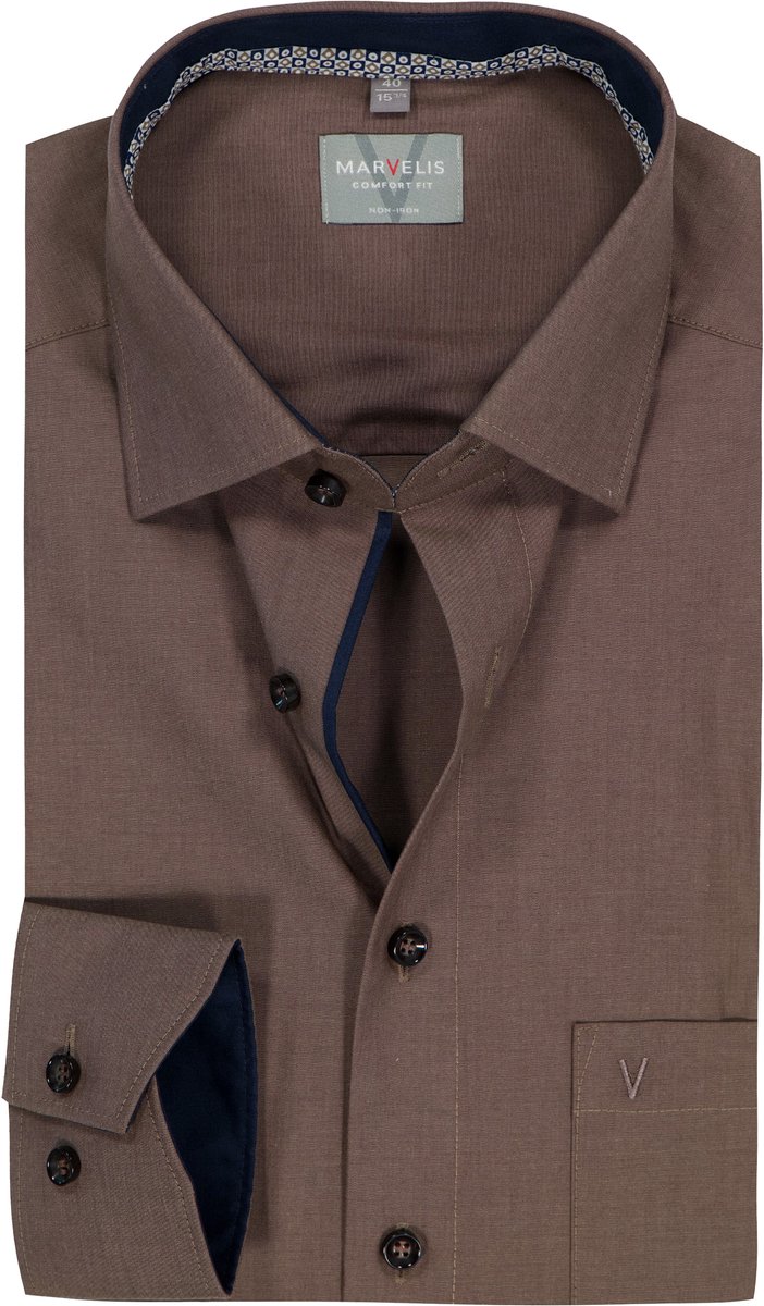 MARVELIS comfort fit overhemd - popeline - modderbruin - Strijkvrij - Boordmaat: 40 (EU maat: M)