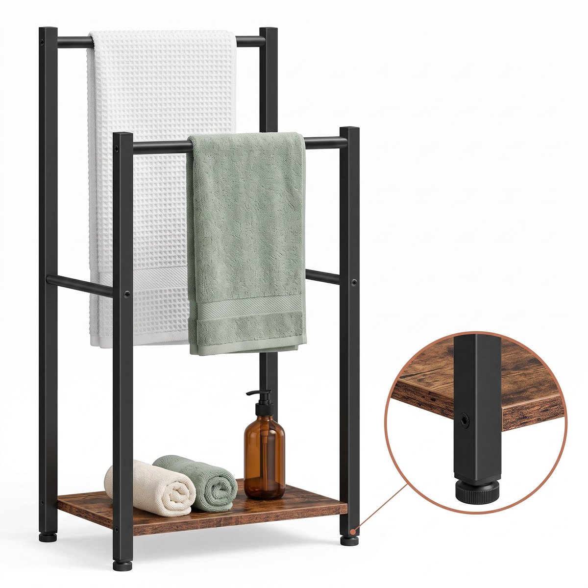 Cheqo® Handdoekenrek - Handdoekrek Staand - Handdoekhouder Vrijstaand - Badkamer en Keuken - Handdoekrek met Plank - 2 Stangen - Zonder Boren - Handdoekenhouder - Handdoekdroogrek Industrieel - Handdoekstandaard - Gastendoekhouder - Zwart