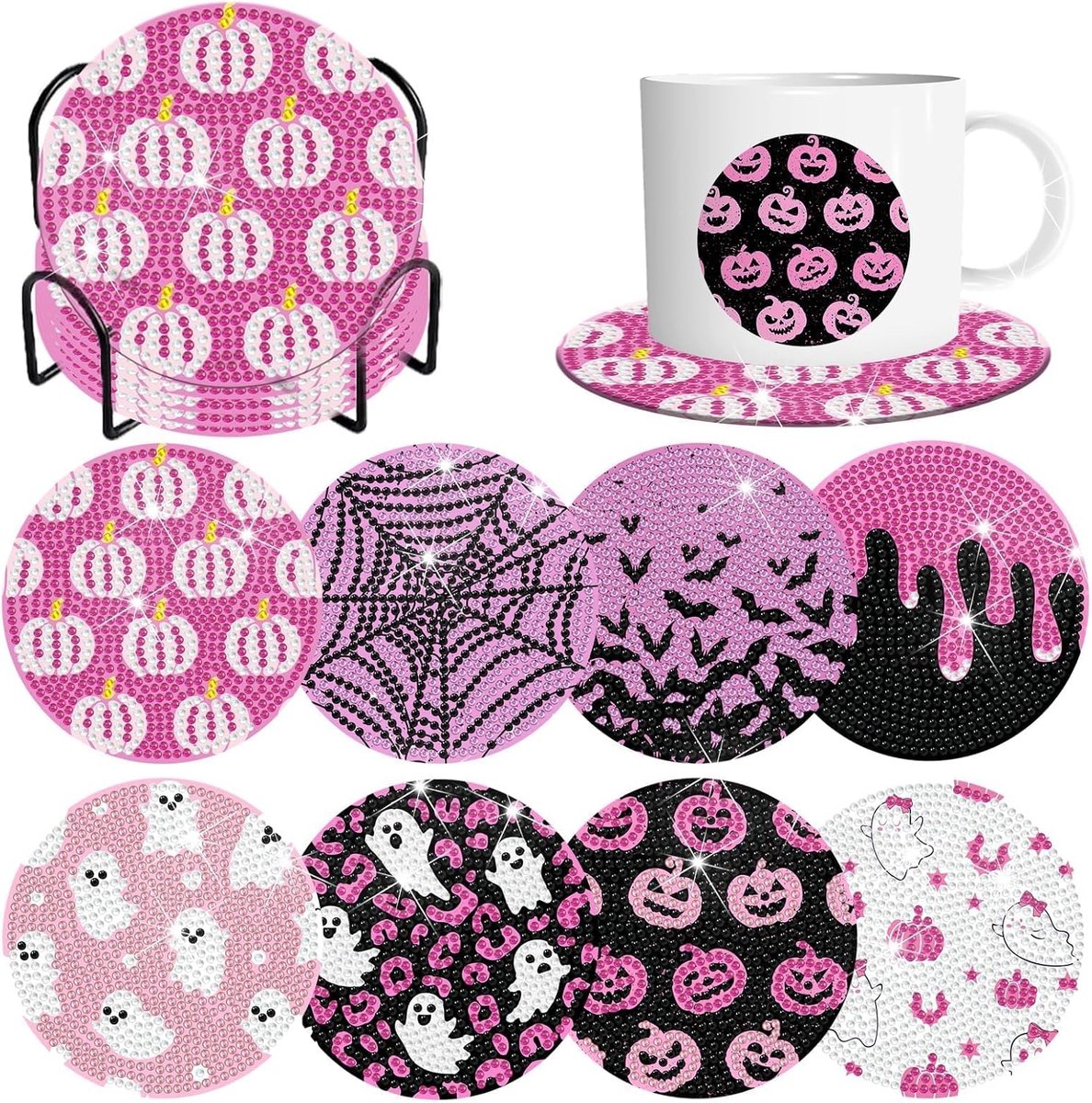 Halloween Diamantschilder Onderzetters - 8 Stuks Met Houder - Roze Diamantkunstset - DIY Voor Volwassenen - Ronde Houten Basis - Feestelijke Decoratie - Inclusief Accessoires - Eenvoudig te Maken- Woondecoratie - Meerkleurig