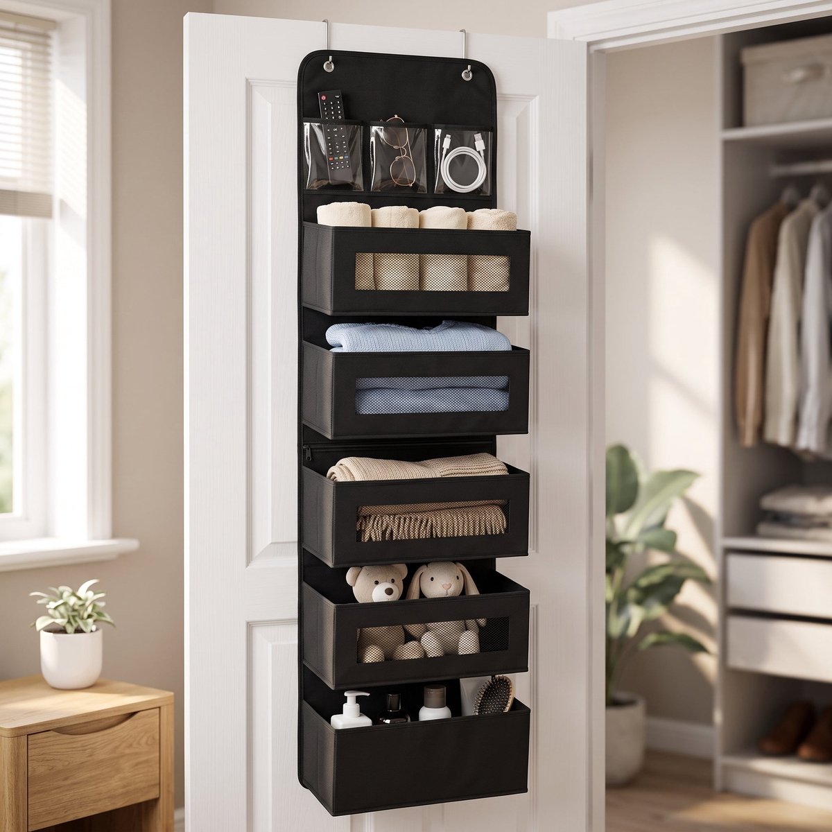 Cheqo® Deur Organizer met 5 Vakken - Hangende Opberger - Opbergzak voor Deur - Deurhanger Opberger - Hangorganizer - Deurrek - Opbergrek Hangend - Kast Organizer - Wandorganizer - Opbergtas voor Kledingkast - Slaapkamer - Kinderkamer - Zwart