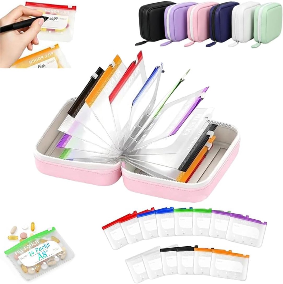 Pillendoos - Pillendoosje - met 14 gekleurde pillenzakjes - Medicijn Organizer - Pillendoos Etui - met Kleurcode & Etiket voor 14 dagen - Thuis & Onderweg - Draagbare Pillendoos Met Ritssluiting - Herbruikbaar - Medicijndoos - Pillenetui - Roze