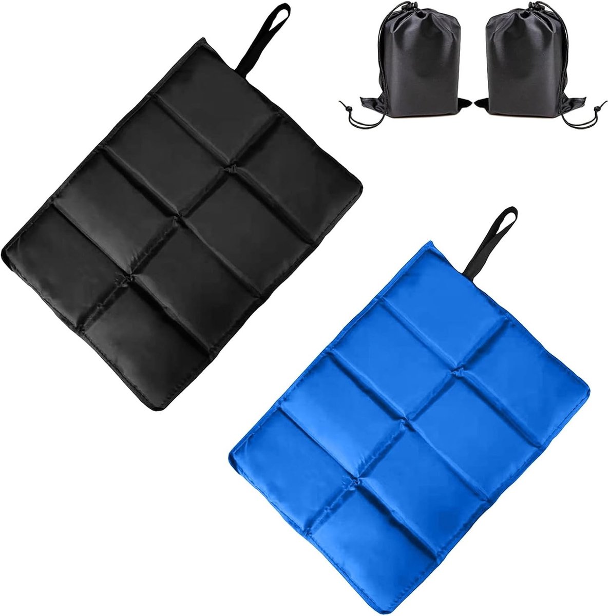 Vouwbaar Buiten Kussen 40 x 30 cm, Waterdicht en Thermisch, Ideaal voor Picknicks, Kamperen en Sportevenementen met 2 Opbergvakken (Zwart + Blauw)