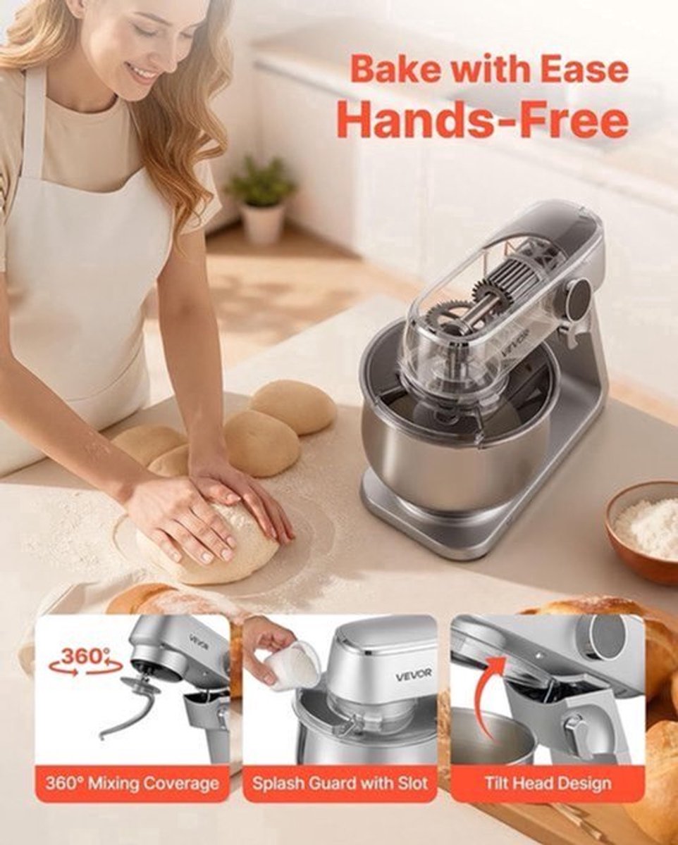 Keukenmachine – Keukenmixer – Keukenrobot – Foodprocessor – Mixer – 7,4L RVS Mengkom – 1800W Motor – 10 Snelheden – Inclusief Deeghaak, Garde En Platte Mengklopper