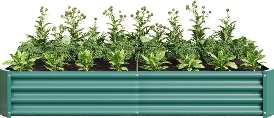 Groene metalen moestuinbak met geribbelde zijkanten, gevuld met verschillende groenten en planten.