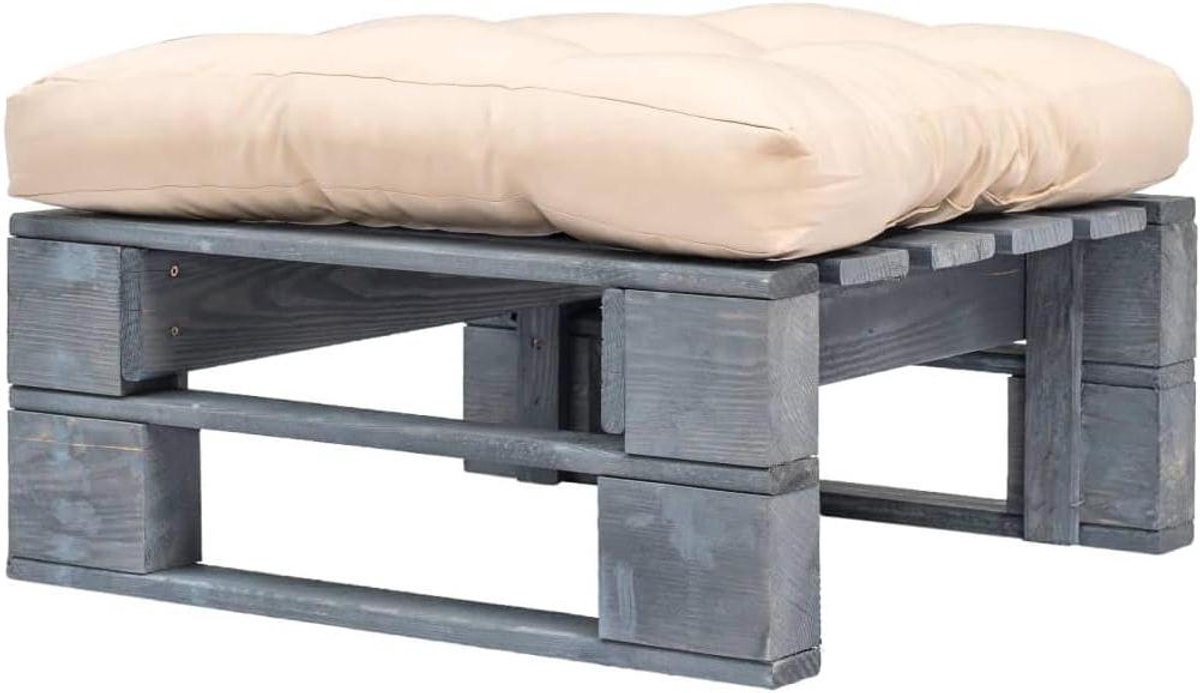 Houten Poef - Voetenbank Pallet - Buiten Ontspannen - Inclusief Kussen - 60x60x35 cm - Grijs Zand