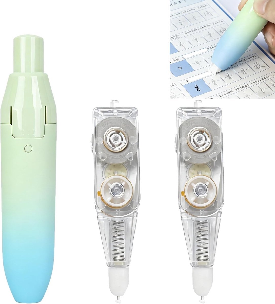 Correctieroller pen - Correctietape set - Schrijffouten Corrigeren - Navulbaar Intrekbaar - 3-delige set - Groen Blauw