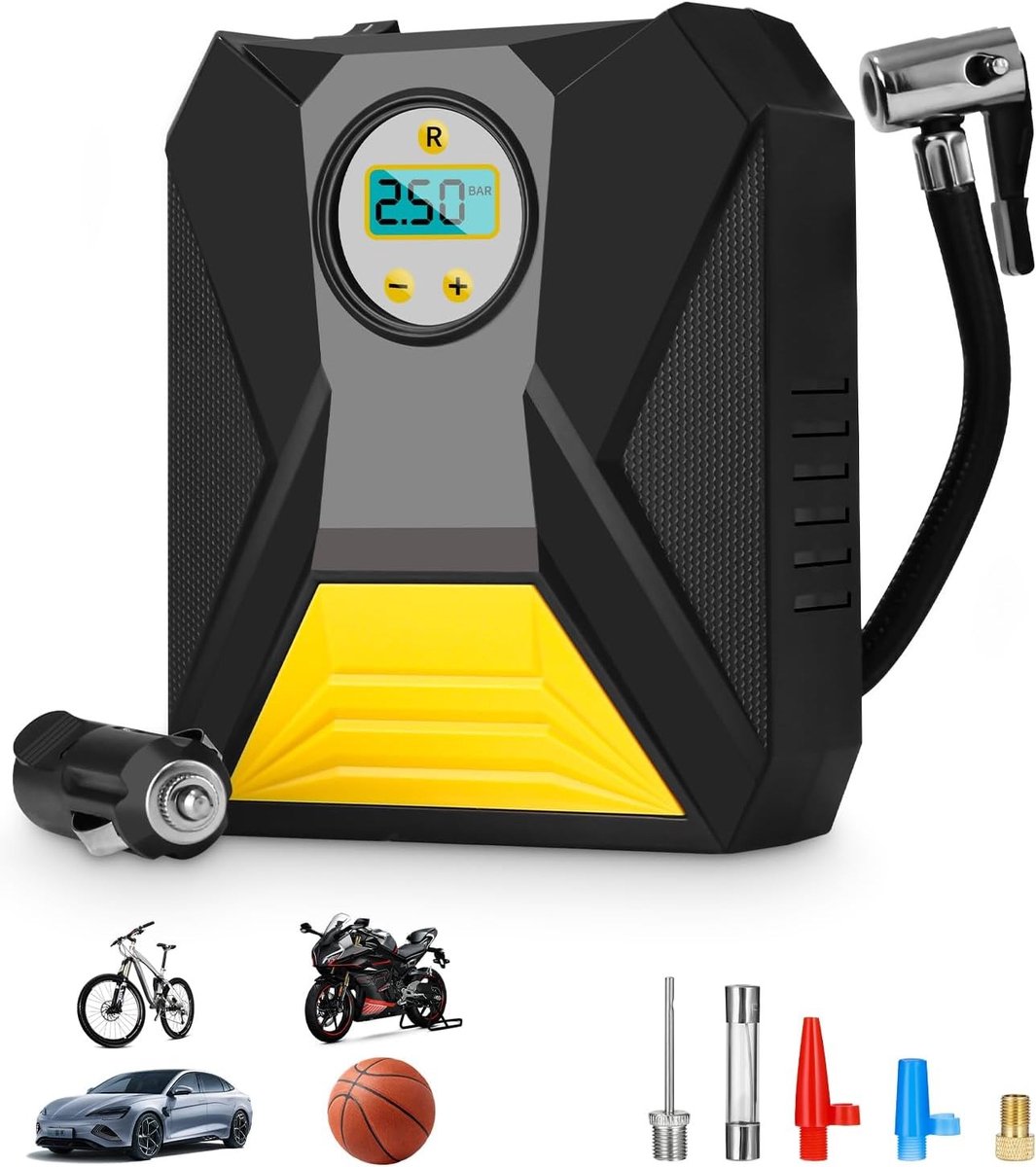 Draagbare Elektrische Luchtpomp - Zwart - Voor Auto en Fiets - Digitale Manometer met Automatische Uitschakeling