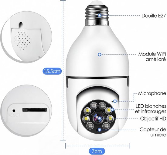 Draadloze WiFi-bewakingscamera Binnen/Buiten, 2K Lamp Bewakingscamera WiFi, Bewakingscamera's met E27-lampfitting, Sirene en Lichtalarm, Kleuren Nachtzicht — afbeelding 5