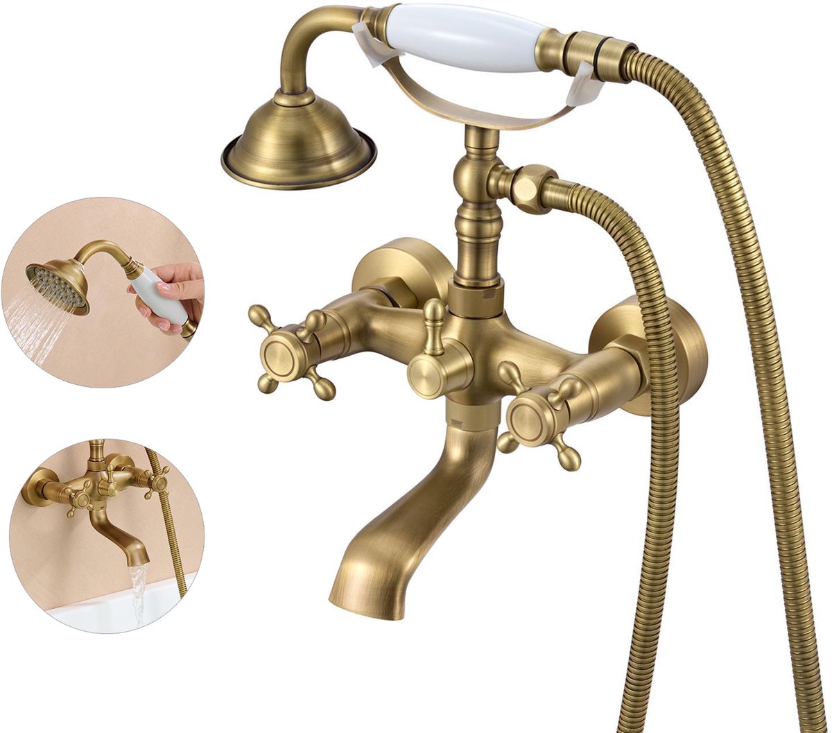 Auralum Max Opbouw Badkraan met Handdouche Complete Set - Badmengkraan - Met 360° Draaibare Mengkraan - Antiek Messing Doucheset - Retro stijl - Douchesysteem - 15cm hartafstand - Goud