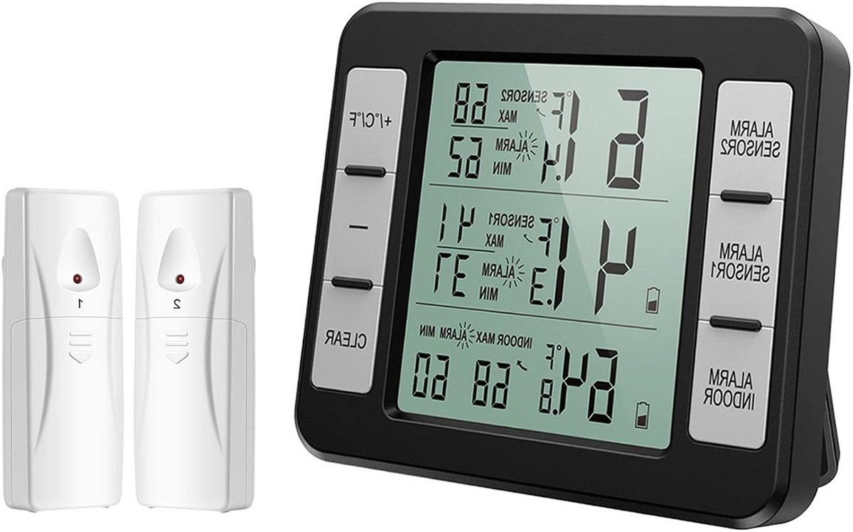 Digitale Thermometer Hygrometer - Koelkast Thermometer - Temperatuur Monitoren - Twee Draadloze Sensoren - 100m Bereik - Zwart