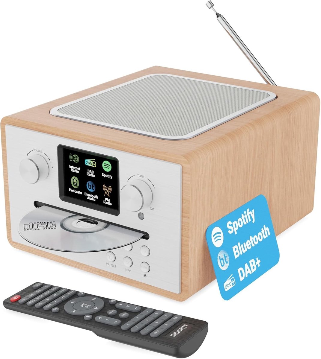 Mp3 speler spotify - Eiken - 20 x 20,2 x 12,8 cm - Internetradio met CD-speler en Bluetooth - Voor thuisgebruik