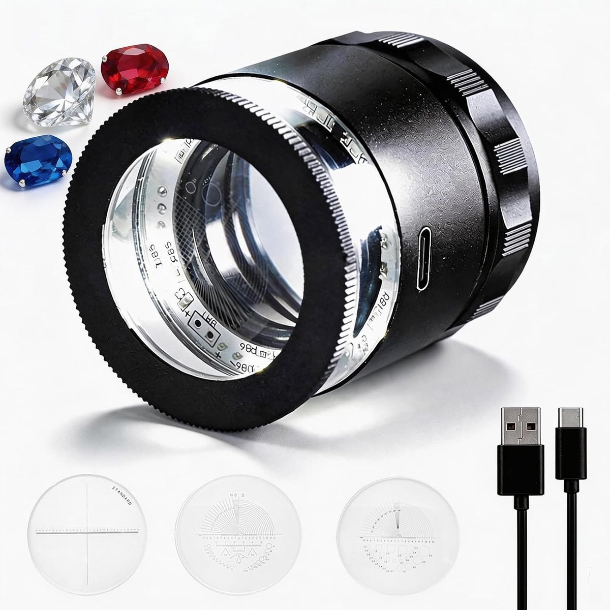 Oplaadbare Sloop met 6 LED Lichten en 3 Kruisschalen voor het Onderzoeken van Sieraden, Munten en Postzegels, 25 mm Kijkveld en Verstelbare Focus