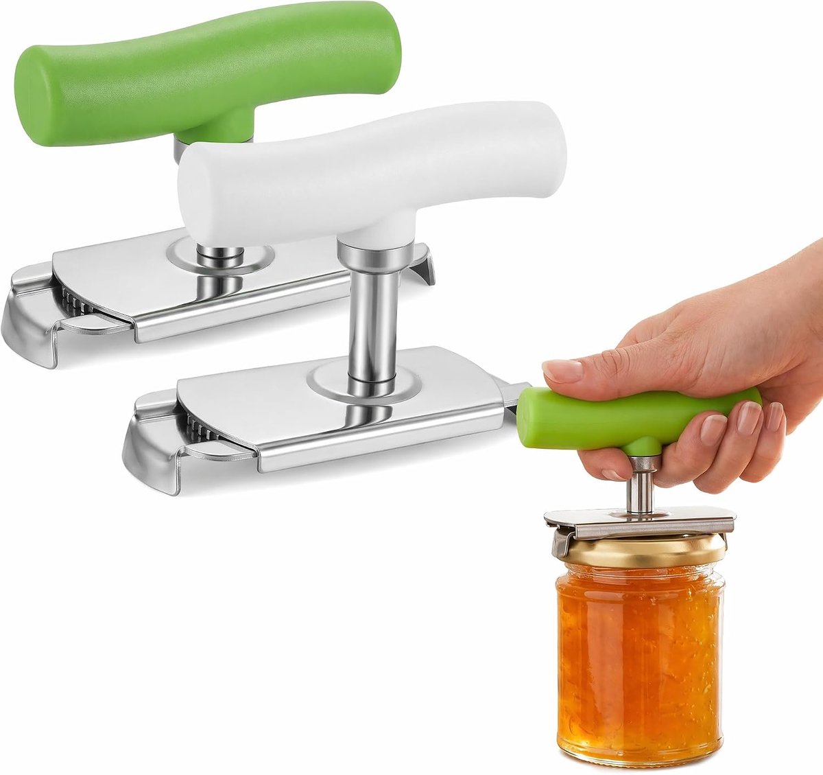 Bobypet - 2-Stuks Verstelbare Pottenopener voor Zwakke Handen - Roestvrijstalen Flesopener en Blikopener met Antislip Handvat in Groen en Wit