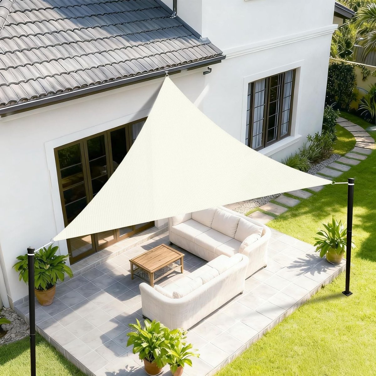 Driehoekig Schaduwzeil 420D Oxford 3x3x3m - Crème, Waterdicht en UV-bescherming voor Tuin, Terras en Patio met Gratis Touw