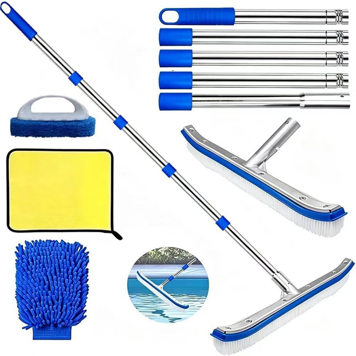 Verlengde Poolborstel met Handvat van 180 cm voor Eenvoudig Schoonmaken van Bod en Wanden van het Zwembad, Inclusief 45 cm Borstel en Poolreinigingsset