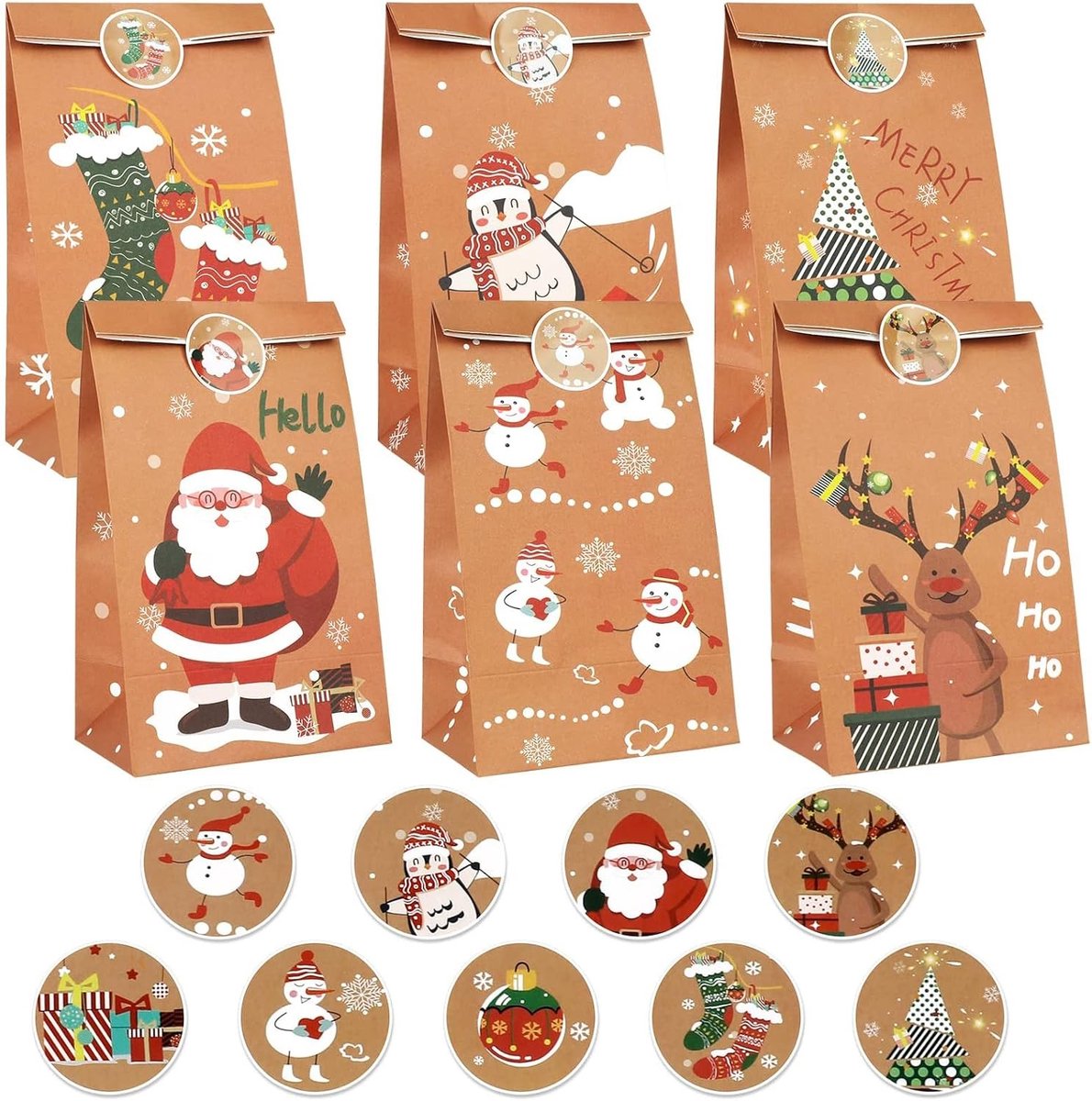 Cadeauzakjes voor Kerstmis - 12 stuks papieren kraftzakjes met 18 adventskalenderstickers en feestelijke ontwerpen