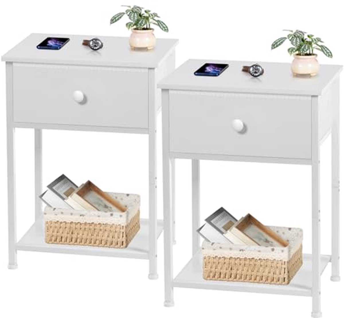 Nachtkastjes Set - Bijzettafels - Opbergen Slaapkamer - Met Stoffen Lade - 54.9 cm Hoog - Wit