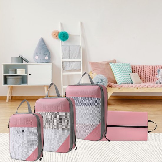 MODFU Compressiezakken voor Kleding - 4 Delige Reis Opbergset met 3 Cubes & 1 Schoenentas - Ruimtebesparend - Lichtgewicht & Duurzaam - Oxford Stof - Roze - 40x30x9 cm — afbeelding 2