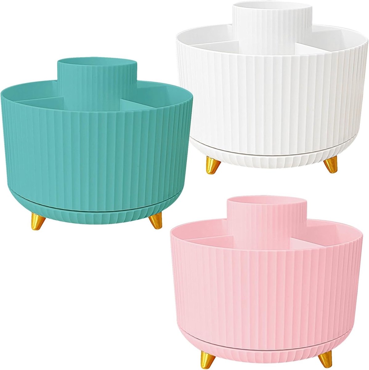 Rotatable Makeup Organizer met 5 Compartimenten, Multifunctionele Cosmetica Organizer voor Badkamer en Slaapkamer, 360° Draaiend, 15 x 12.5 cm, Wit/Roze/Turquoise