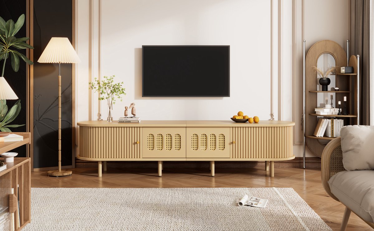 Wishdor Tv-meubel - 180 x 40 x 40 cm - 2 kastdeuren en 2 roldeuren - MDF - Rotan design - Naturel - voor tv tot 75 inch Natural