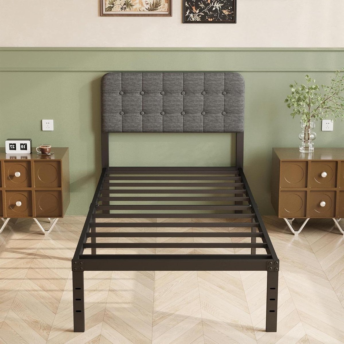 Eenpersoonsbed - Metalen bedframe - Rustig slapen - Opbergruimte onder - 90 x 190 cm - Grijs