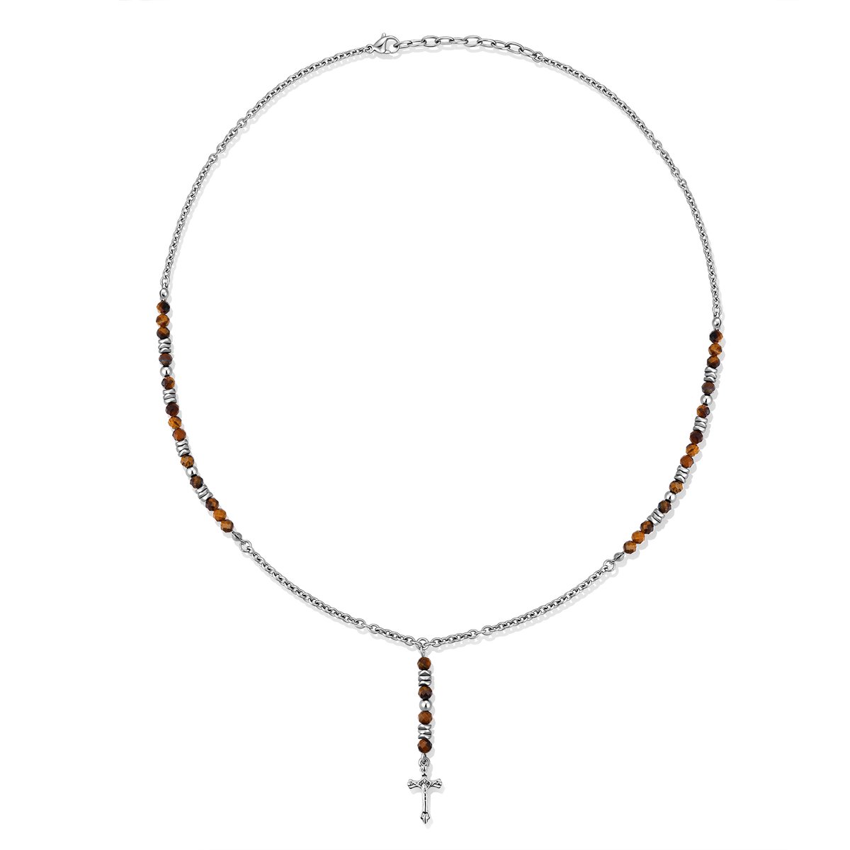 Frank 1967 7FN-0091 – Ketting Heren – Kruis Ketting – Geel Tijgeroog – Roestvrij Staal – 50+10 cm – Cadeau voor Mannen