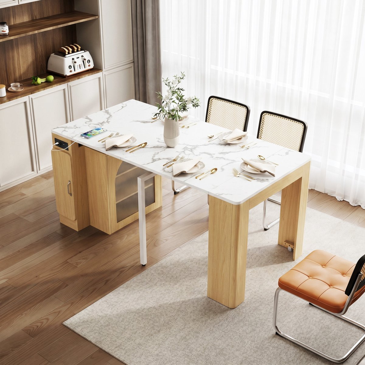 Eettafel Uitschuifbaar – 83 x 39,6-149,6 x 77 cm – MDF en Spaanplaat – Naturel – Wielen en Ledverlichting