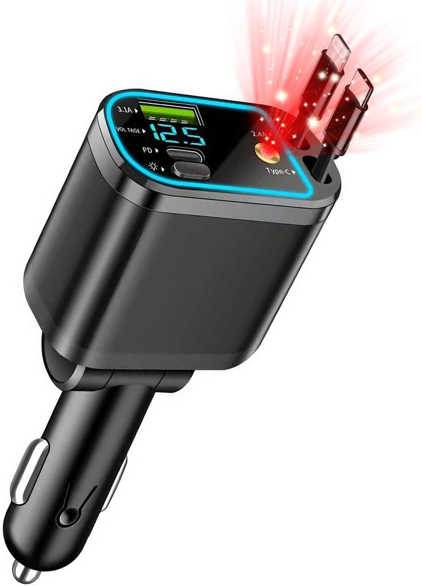 Autolader - Zwart - Compacte USB C Snellader met 4-poorten - Voor Auto en Mobiele Apparaten