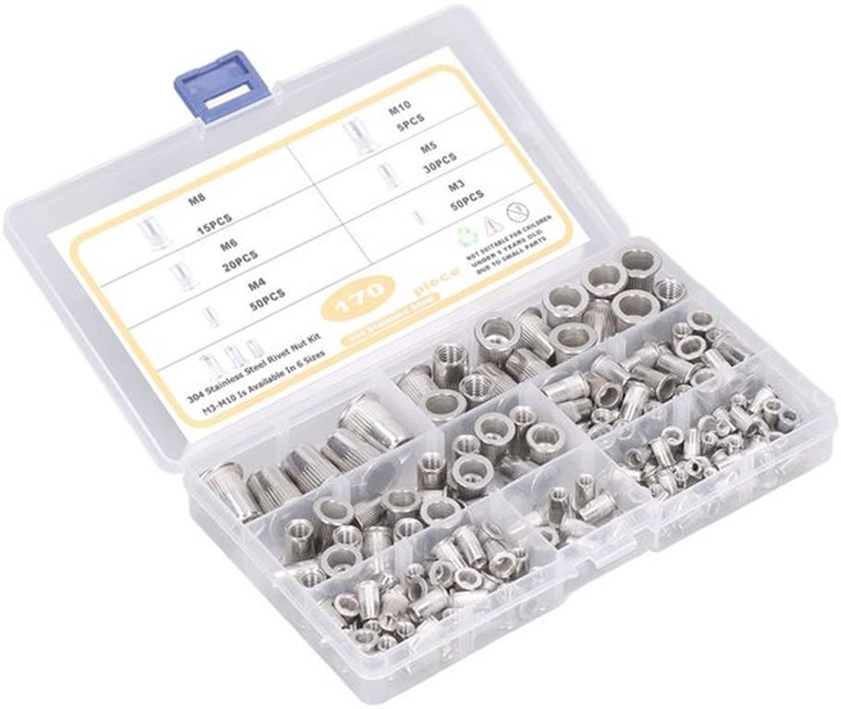Klinkmoeren 170-delig assortiment - Roestvrij Staal - Platte Kop - M3 tot M8 - Schroefdraaddiameter 3-10 mm - Gewicht 443 gram - Moeren