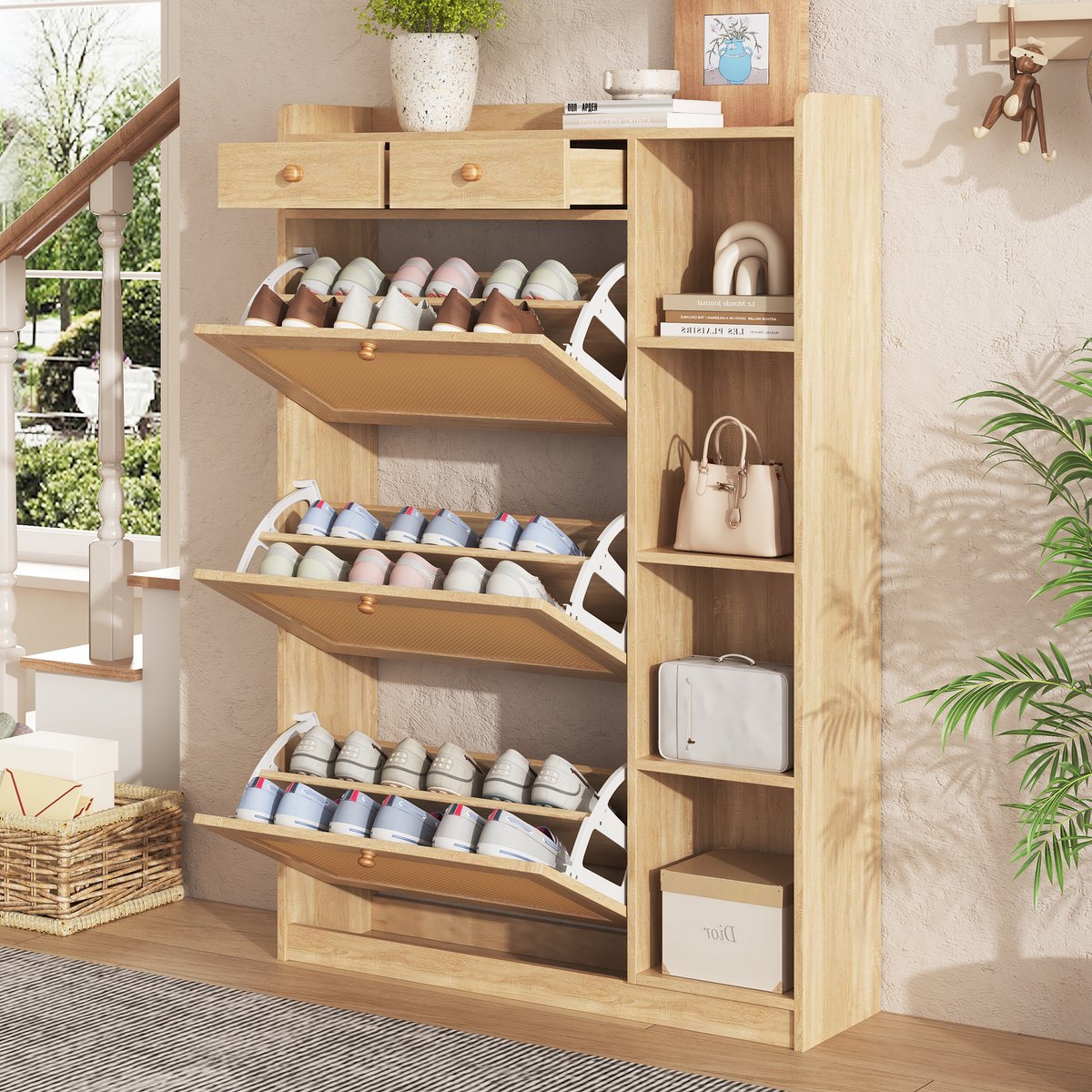 Pugsdrly Smalle rotan schoenenkast met 3 klapdeuren, verstelbare planken, 2 lades en open opbergvakken aan de zijkanten, 90 × 24 × 103 cm