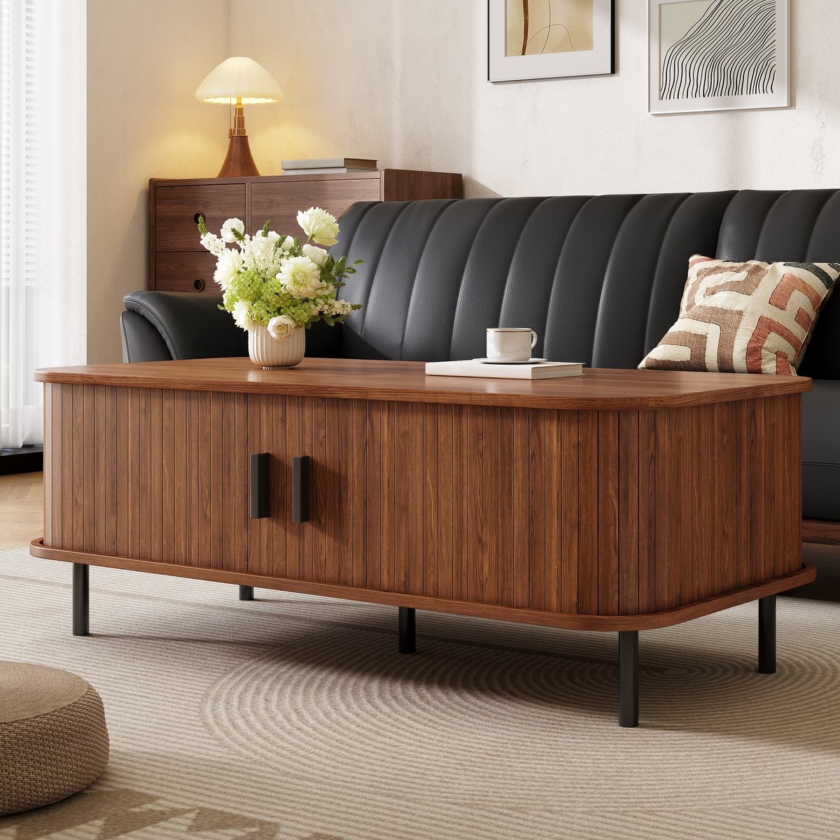 Pugsdrly Salontafel met schuifdeuren, rechthoekige salontafel met opbergruimte, modern design met verticale lamellenlook, bijzettafel, voor de woonkamer