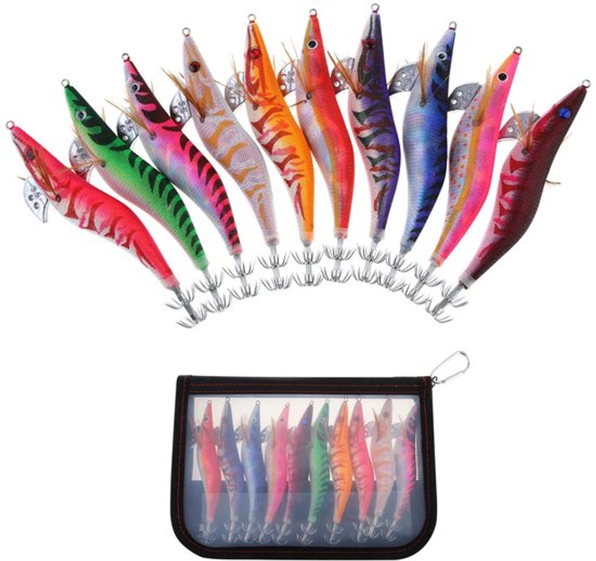Squid Jig 10 Stuks - Lichtgevend - Harde Haken - Dubbele Umbrella-haak - 3D-Ogen - Natuurlijker Zwemacties - Inclusief Tas - Vissenaas