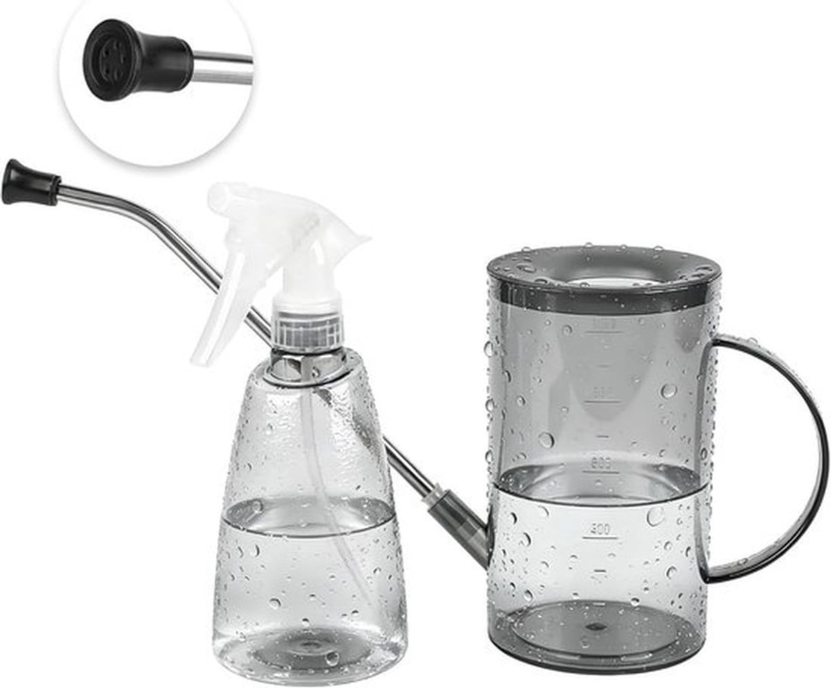 SnelShoppen - 1 Liter Transparante Gieter met Lange Tuit en 500 ml Spuitfles - Ideaal voor Plantenverzorging, Tuin en Binnen, Hoogwaardig ABS, Spacegr