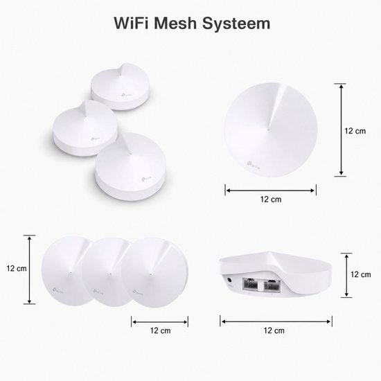 Set van vier witte, ronde wifi-routers, met afmetingen 12x12x12cm. Eén unit toont de poorten.