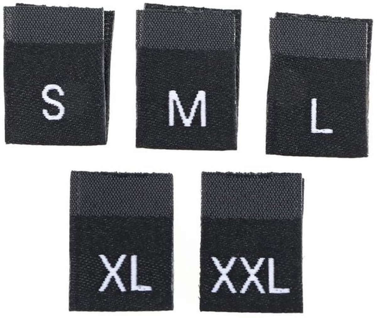 Kledinglabels Geborduurd - 500Pcs - Maatlabels S/M/L/XL/XXL - Polyester - Zwart - 35mm x 12mm