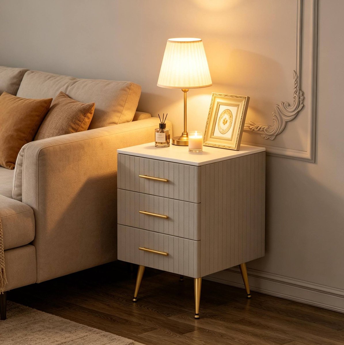 Bedtafel 40,5 x 41 x 60 cm - 3 Lades - MDF - Grijs - Marmerlook - Met Metalen Poten
