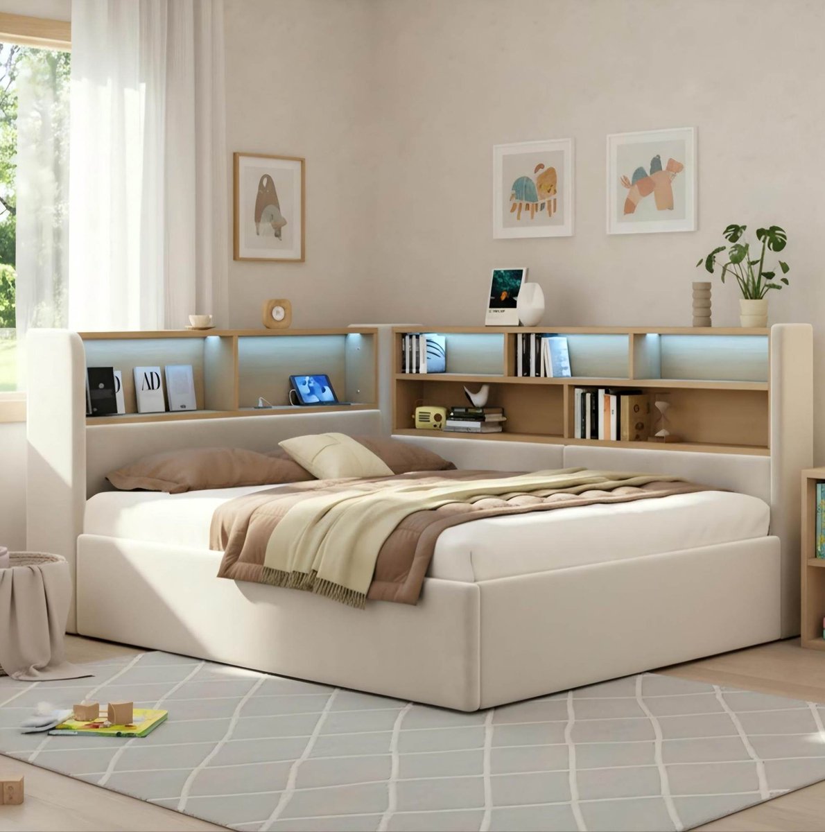 COVREO Bedframe met opbergruimte – 214,5x160x90 cm – Bedbank van fluweel met LED – Kinderkamer – Beige - zonder matras